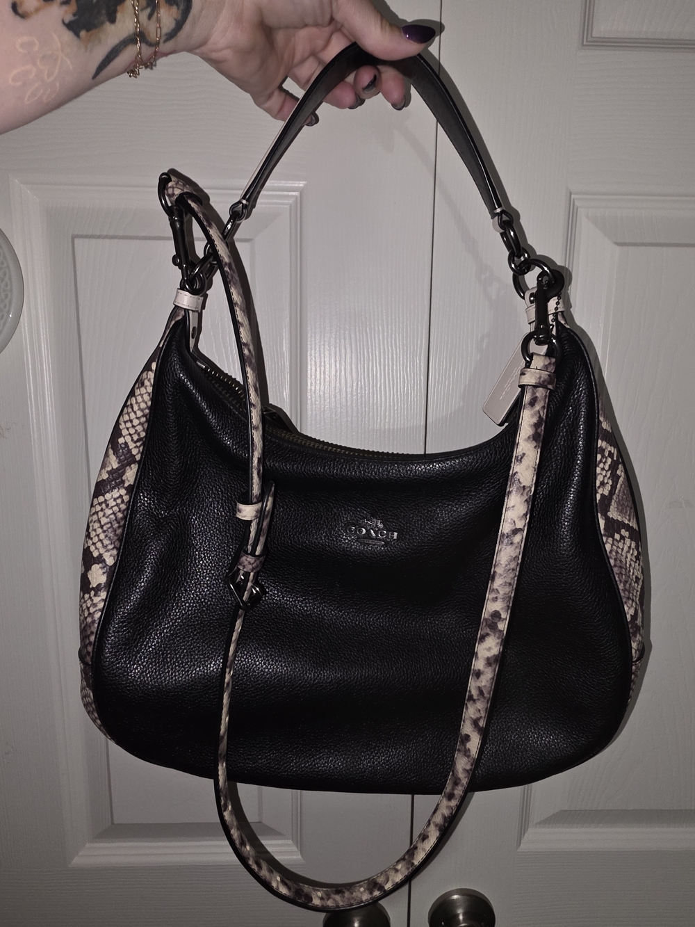 Coach Black Leather Hobo with Snakeskin-Print Trim